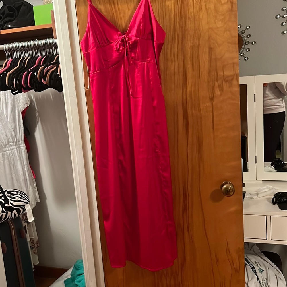 Red silk midi dress with adjustable straps